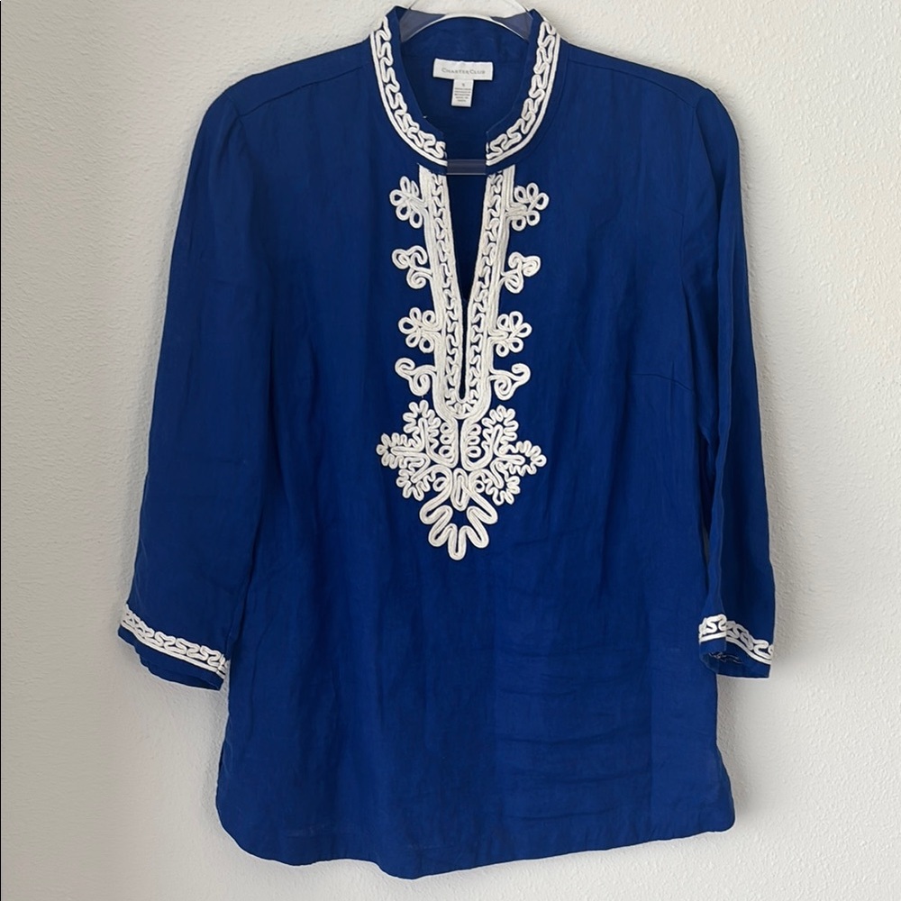 Charter Club Luxury 100% Linen Tunic Top embroidery Coastal Grandma Resortwear